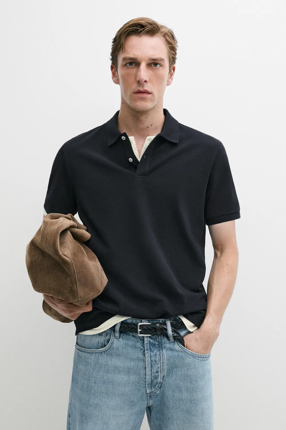Поло из микротекстурированного хлопка пике Massimo Dutti, темно-синий — фото 2