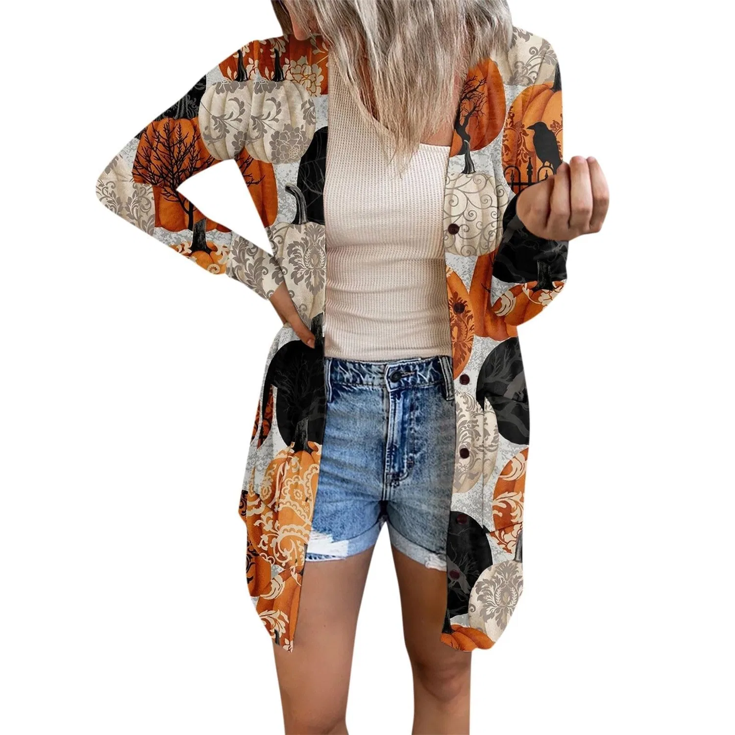 Женский кардиган с принтом Costume di Halloween, motivo zucca con pipistrello, 2-kaki