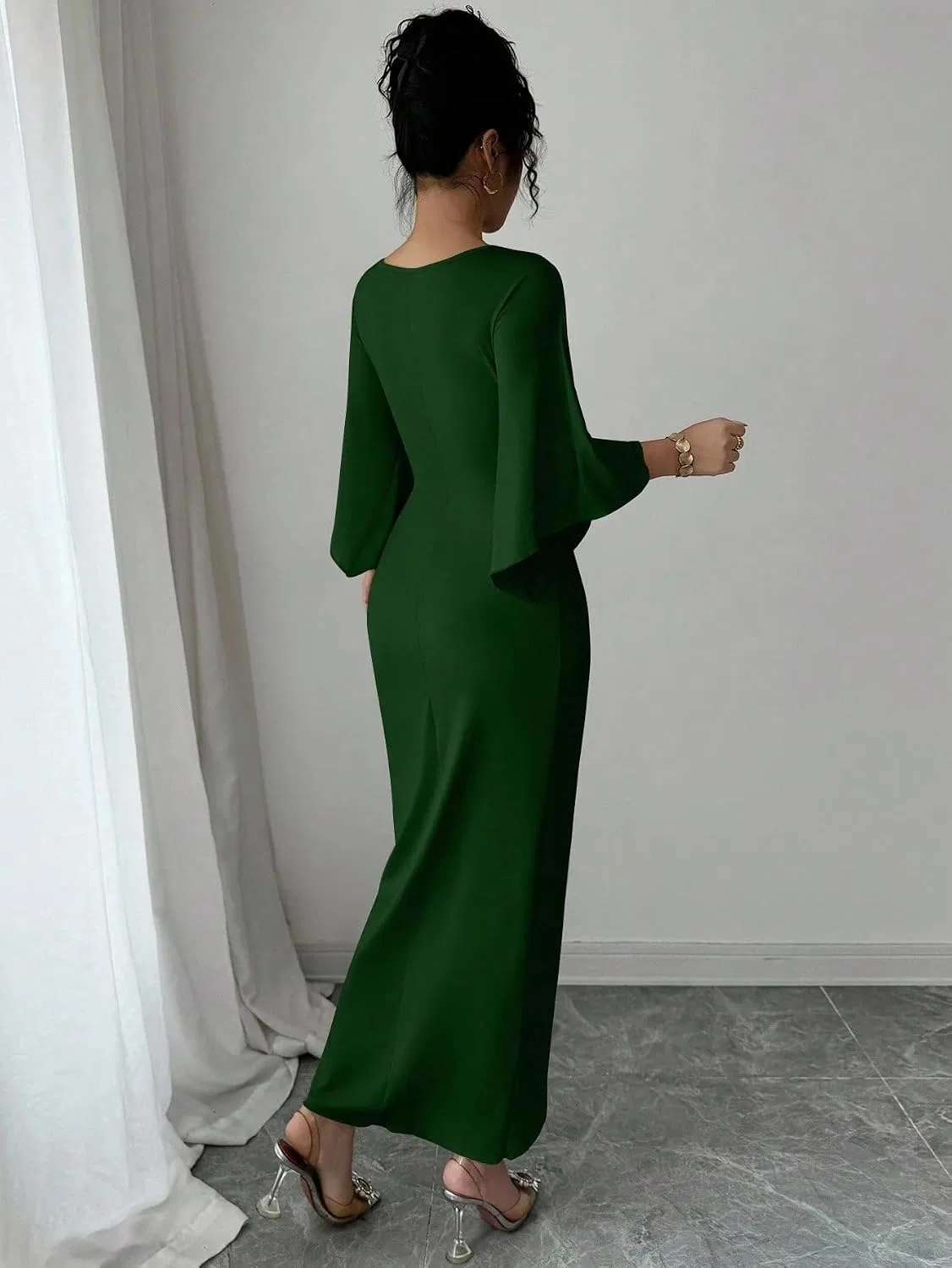 Женское платье миди с рукавами-бабочками V-образным вырезом, Dark Green — фото 3