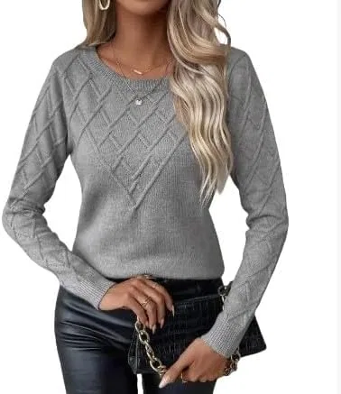 Женский свитер с круглым вырезом, с длинным рукавом, Argyle Knit, серый — фото 4
