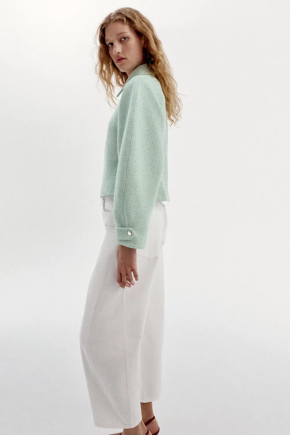 Текстурированная куртка на молнии ZARA, Ecru/Green — фото 3