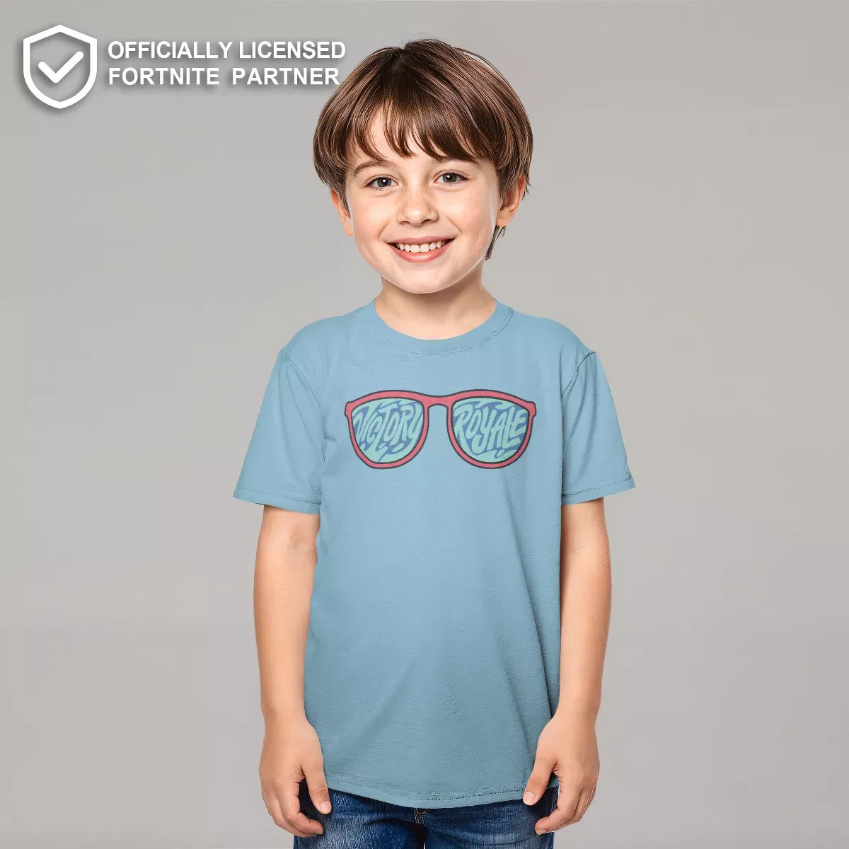 Детская футболка с принтом Fortnite Victory Royale Sunglasses, Light Blue — фото 2