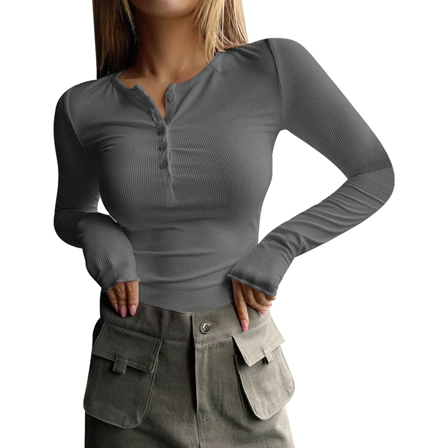 Женская туника с длинным рукавом Solid Color Basic Autumn Winter Soft Comfortable Tunic Tops, Grey