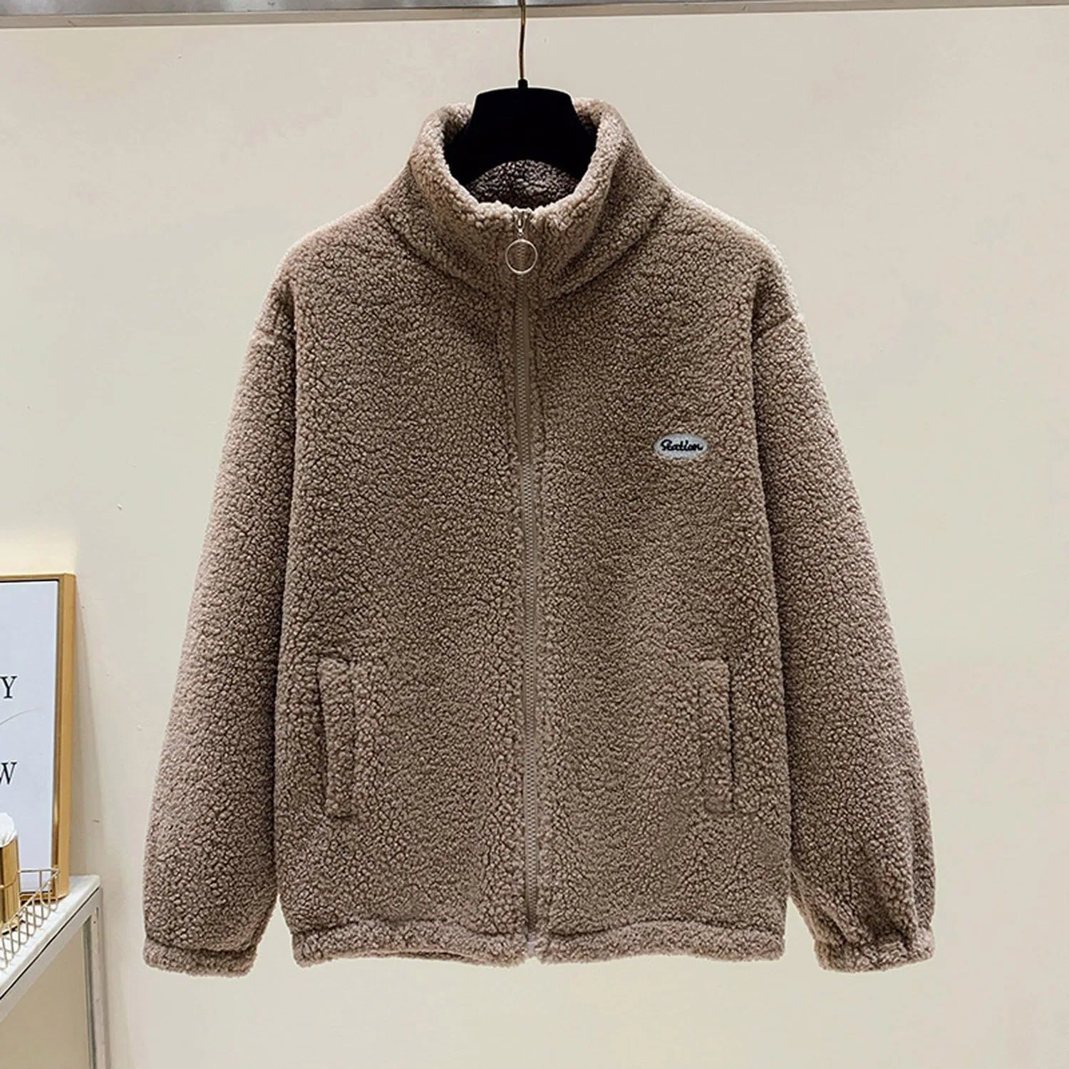 Женское зимнее пальто с воротником-стойкой из флиса, dark khaki — фото 4