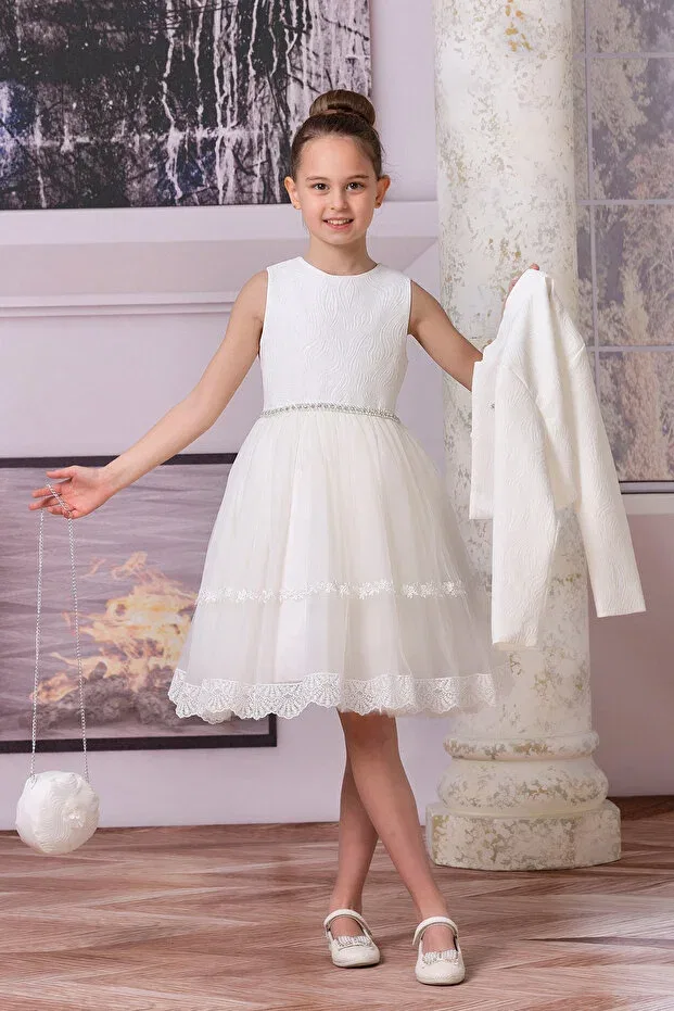 Детское платье из тюля с длинным рукавом Süslü Pink Kids, White — фото 3