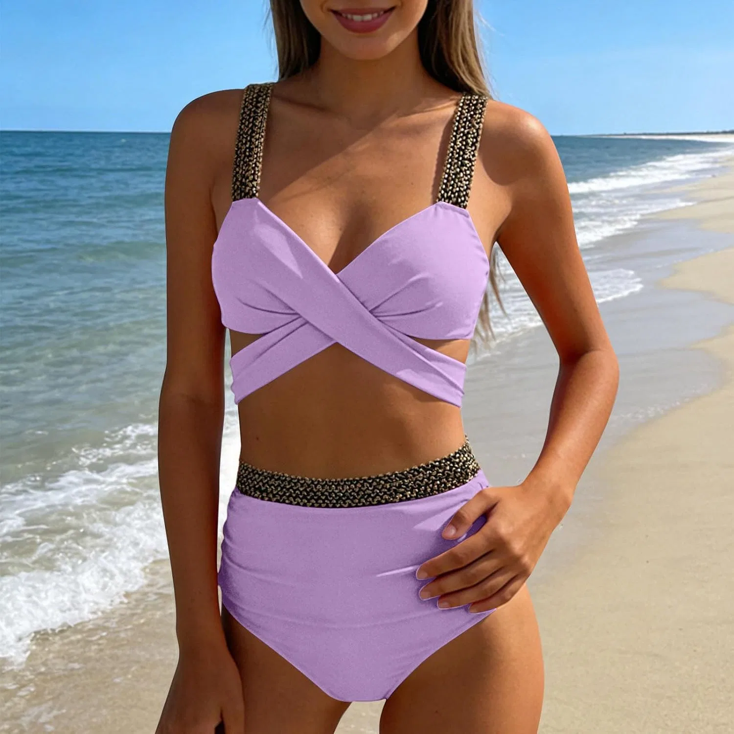 Женский купальный костюм с высокой талией и рюшами, Purple — фото 2