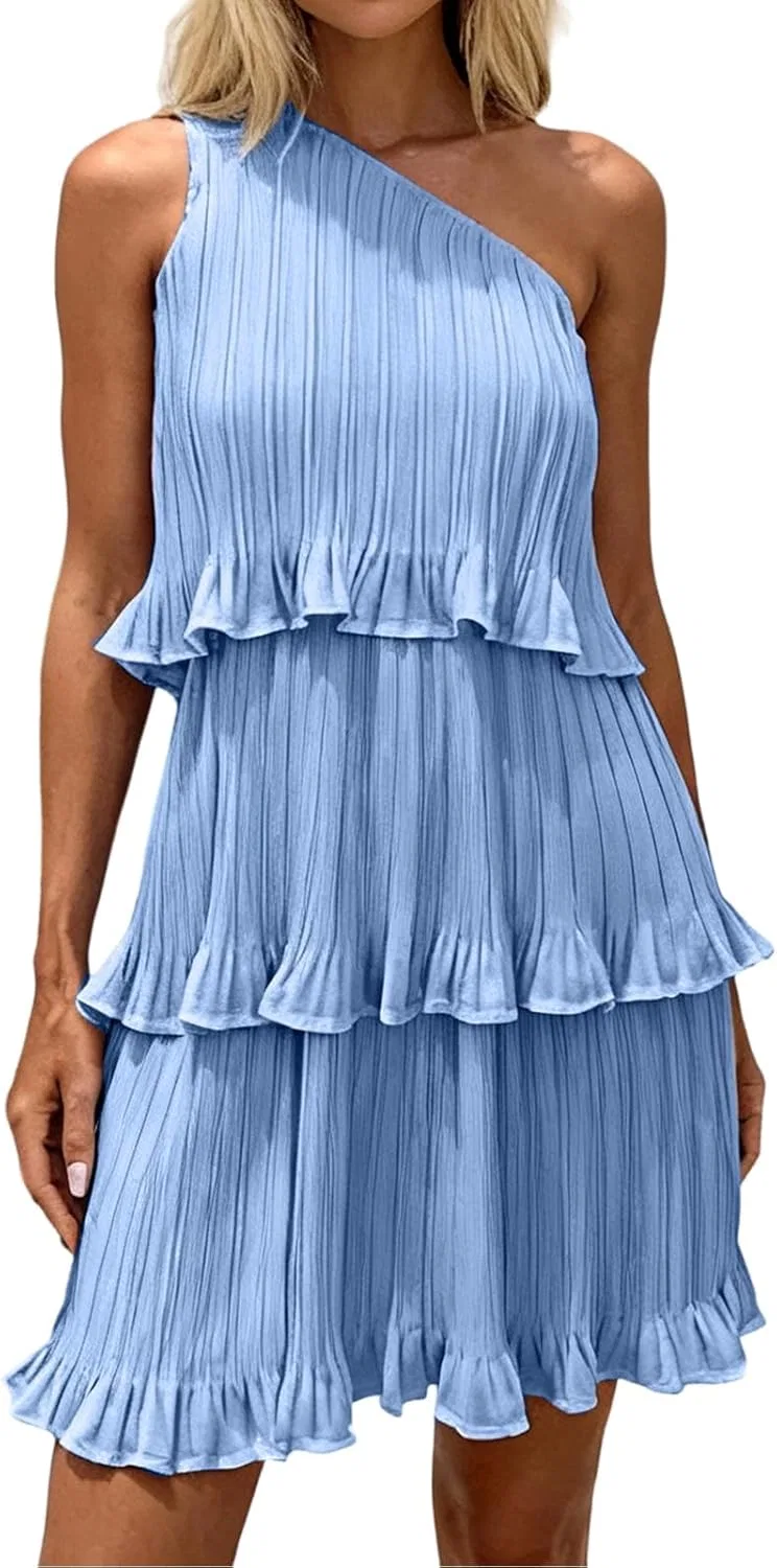 Женское летнее платье с одним рукавом и рюшами, Sky Blue
