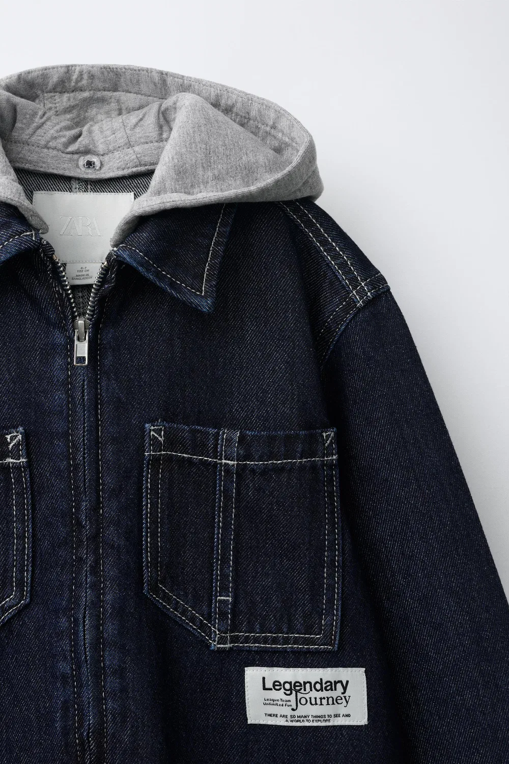 Джинсовая рубашка-куртка со съемным флисовым капюшоном ZARA, Indigo — фото 4