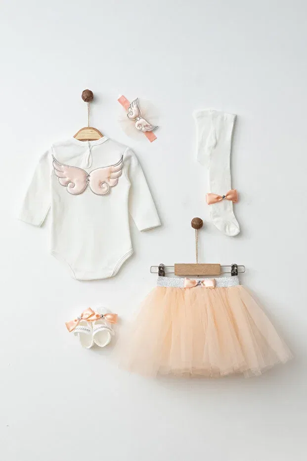 Детский комплект для девочек с принтом Angel Winged Tutu Skirt Mevlüt Set Yukobaby Bebeğiniz Için En Doğalı, Cream — фото 3