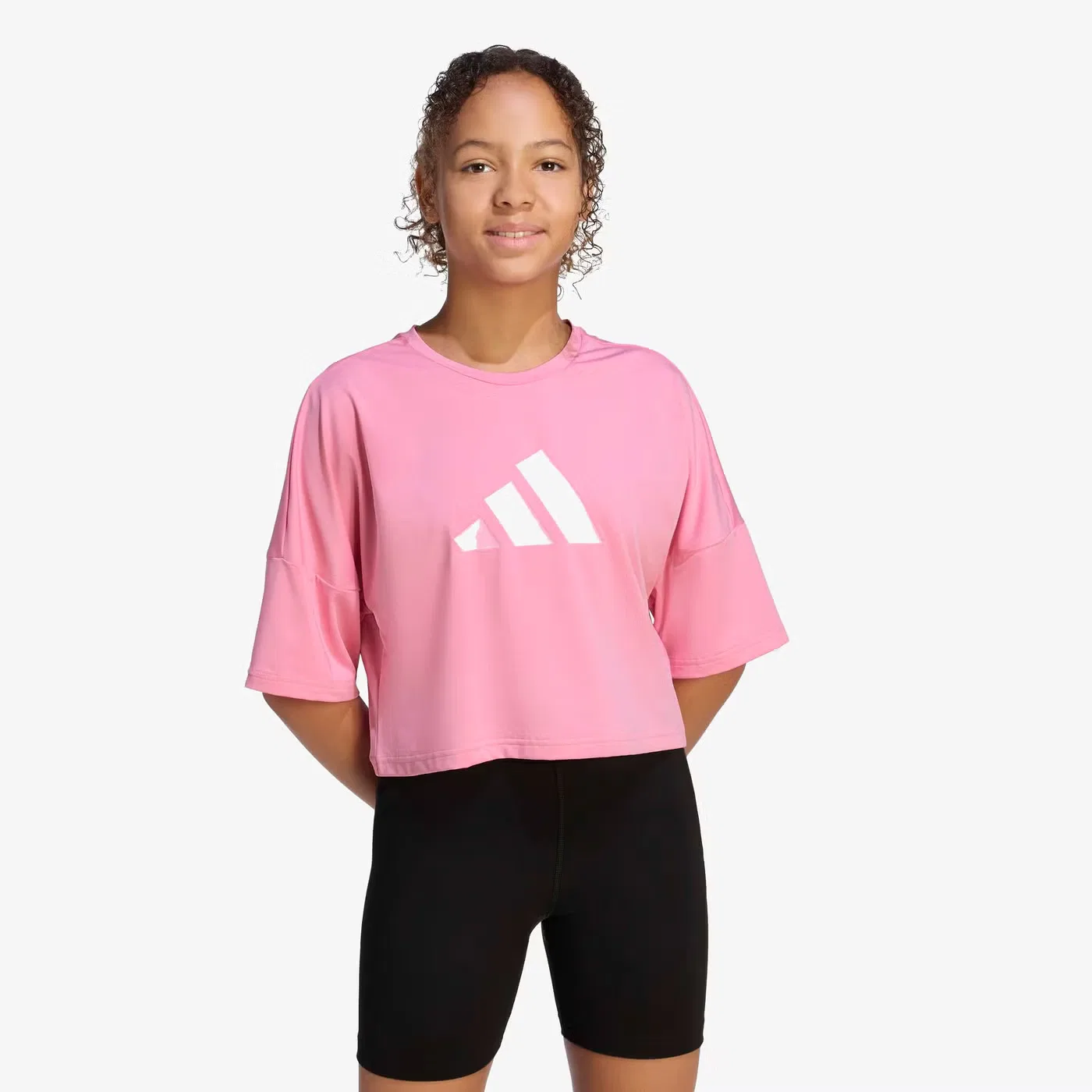 Футболка укороченная с логотипом Adidas, розовый — фото 2