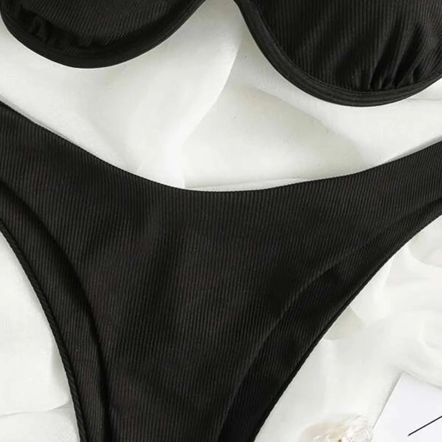 Женский бикини-комплект с одним плечом с вырезами Ribbed, Black — фото 2