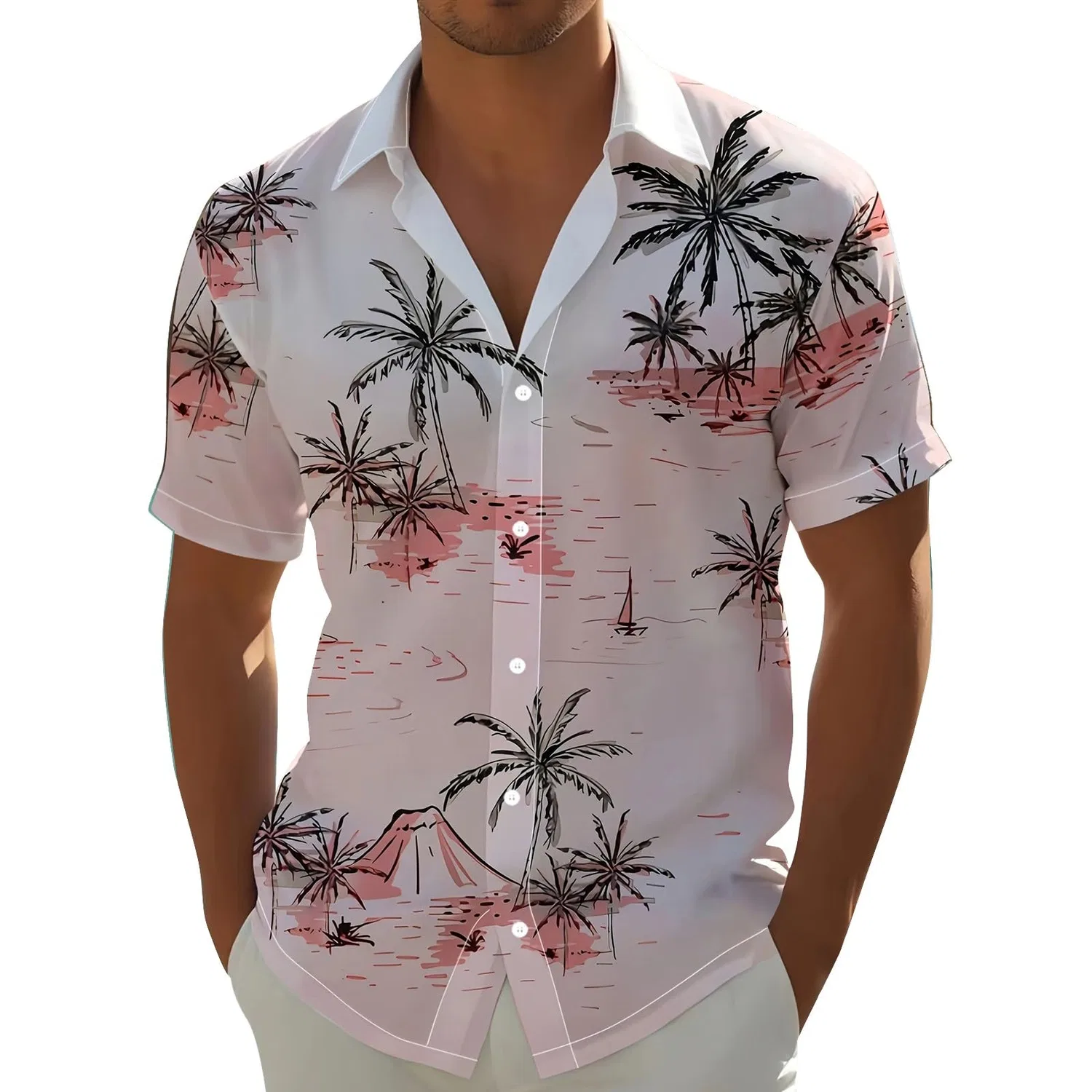 Мужская рубашка с коротким рукавом с принтом Coco Palm, Men's Pink Hawaiian Shirt