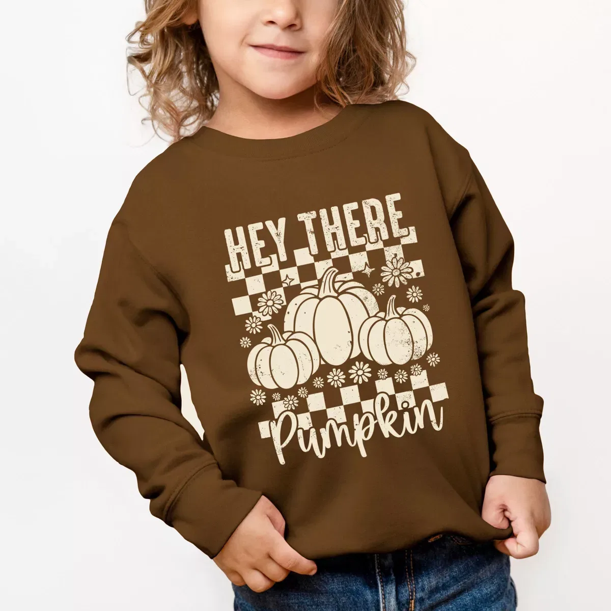 Детский свитшот для девочек с принтом Hey There Pumpkin Checkered The Juniper Shop, Camel
