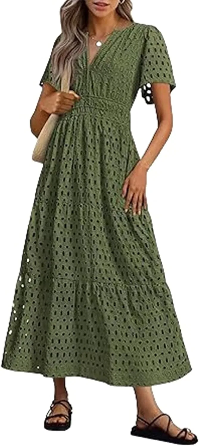 Женское летнее платье макси с ажурными вставками, Army Green
