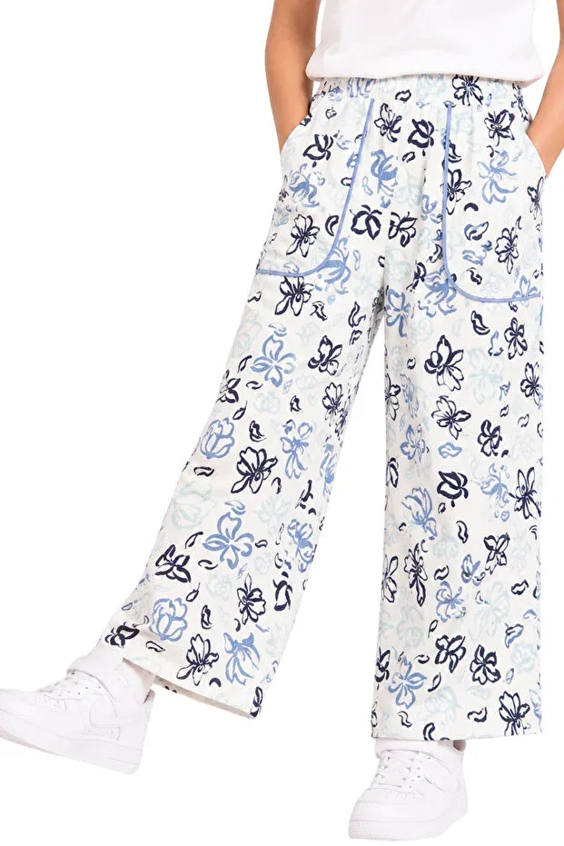 Детские брюки для девочек с принтом Divonette, Pattern1-Blue-Flowered