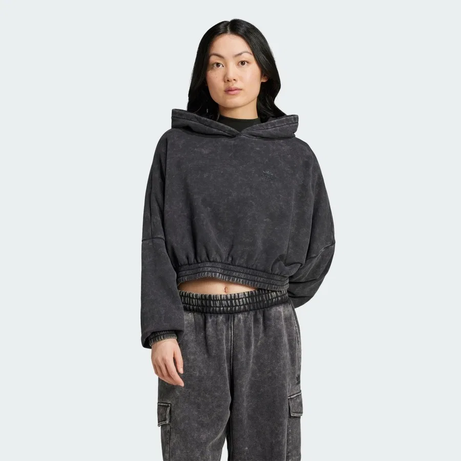Женский укороченный худи с капюшоном, с эффектом кислотной стирки, adidas Originals JJ0333 Acid-Wash Crop Hoodie, Черный