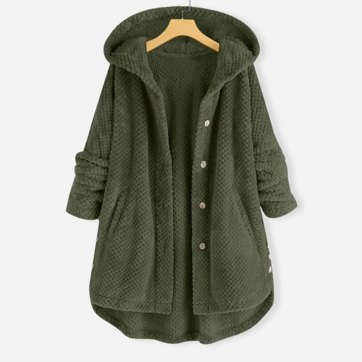 Женское утеплённое пальто с капюшоном из искусственного меха, green — фото 2