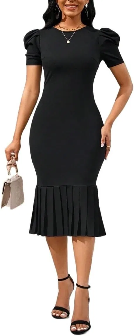 Женское элегантное платье миди с плиссировкой Bodycon, Black