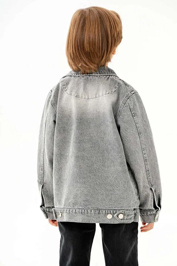 Детский джинсовое пиджак для девочки с длинным рукавом Zippered Double Pocket Boy's Denim Jacket Dazzledkids, Gray — фото 4