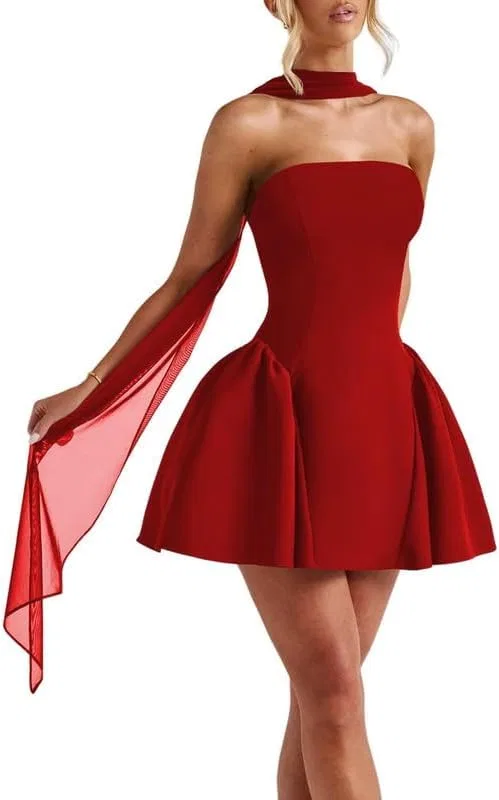 Женское атласное мини-платье без бретелей с шарфом LAS55, Red