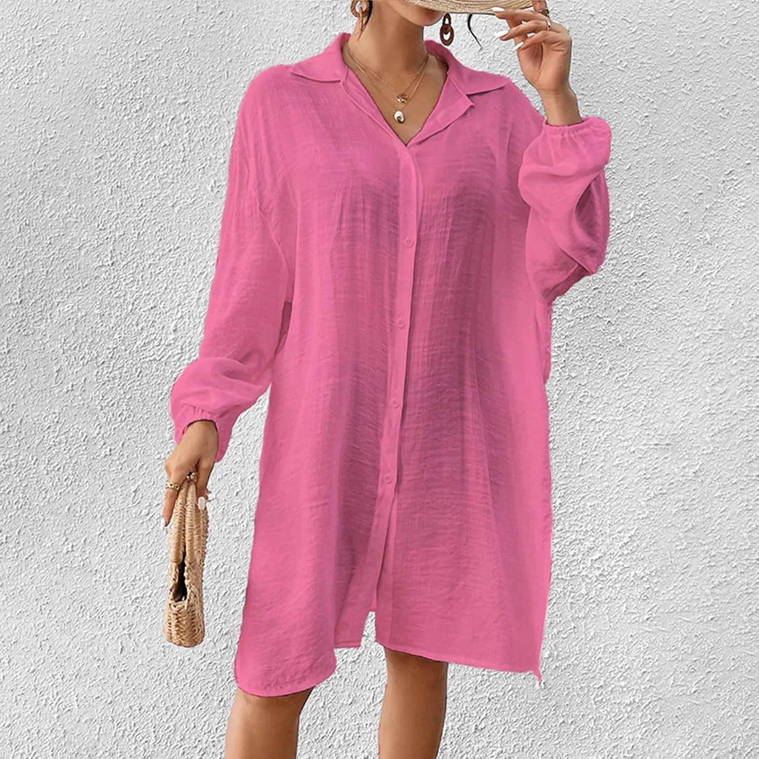 Женская легкая рубашка-платье для пляжа с длинным рукавом, Hot Pink — фото 2