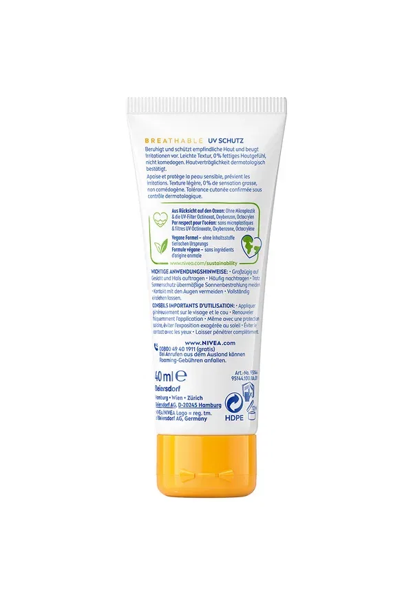 Крем для лица солнцезащитный Breathable UV Face Sensitive SPF 50+, Nivea, 40 мл, прозрачный — фото 3