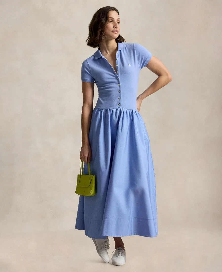 Женское платье-поло из сетки с юбкой из хлопка Hybrid Mesh Polo Collar A-Line Dress Polo Ralph Lauren, Dress Shirt Blue