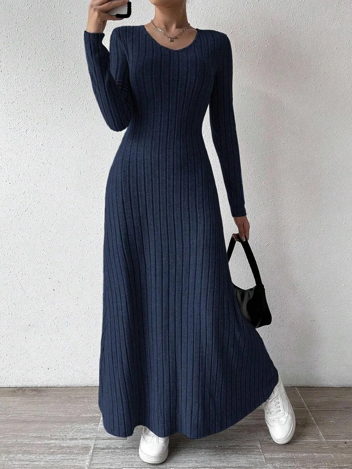 Женское платье A-line с V-вырезом длинное трикотажное, Navy Blue — фото 4