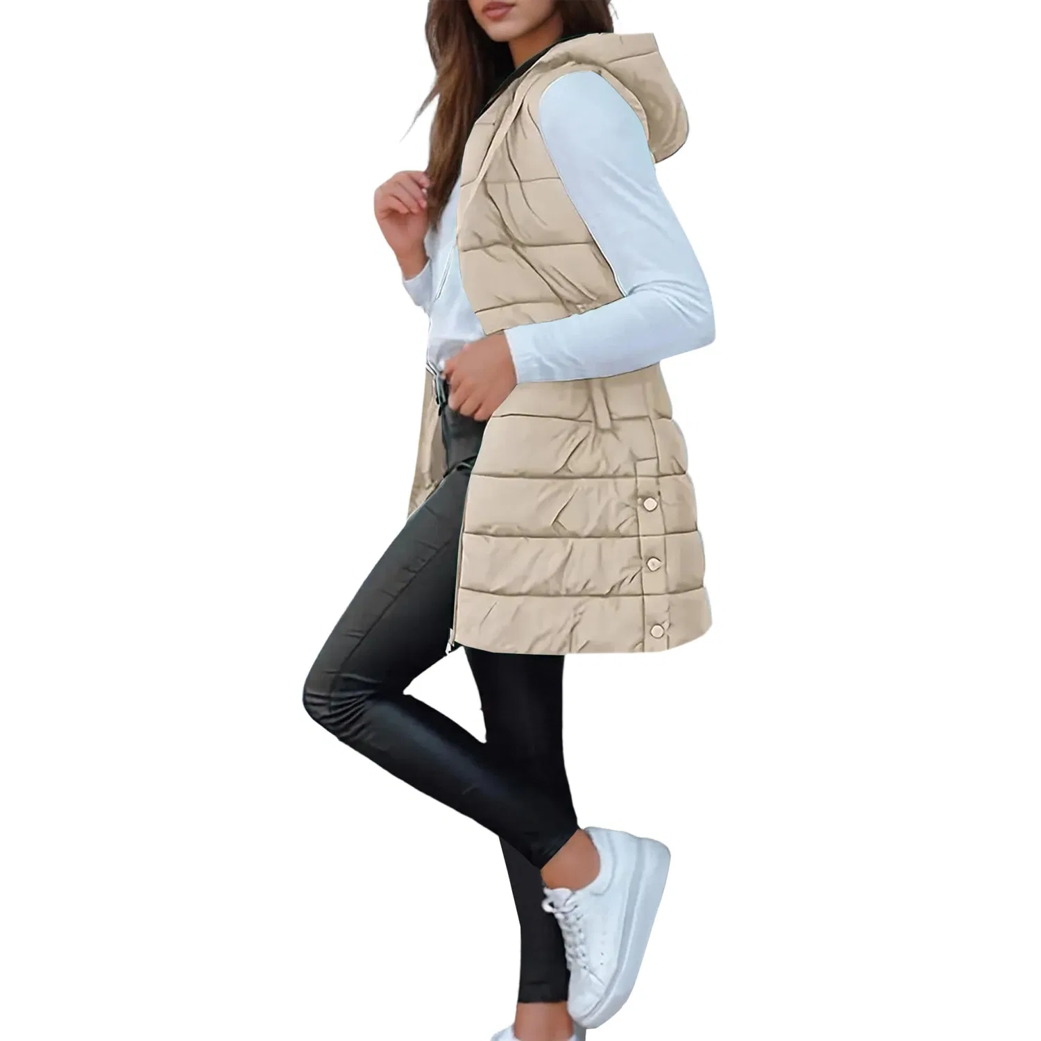 Женский длинный утепленный жилет с капюшоном без рукавов, Beige
