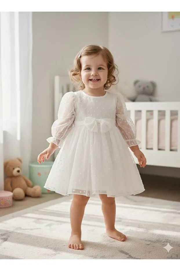 Детское платье для девочек с принтом Eid Polka Dot Tulle Baby Kids Dress Csp Cassiope, White — фото 2