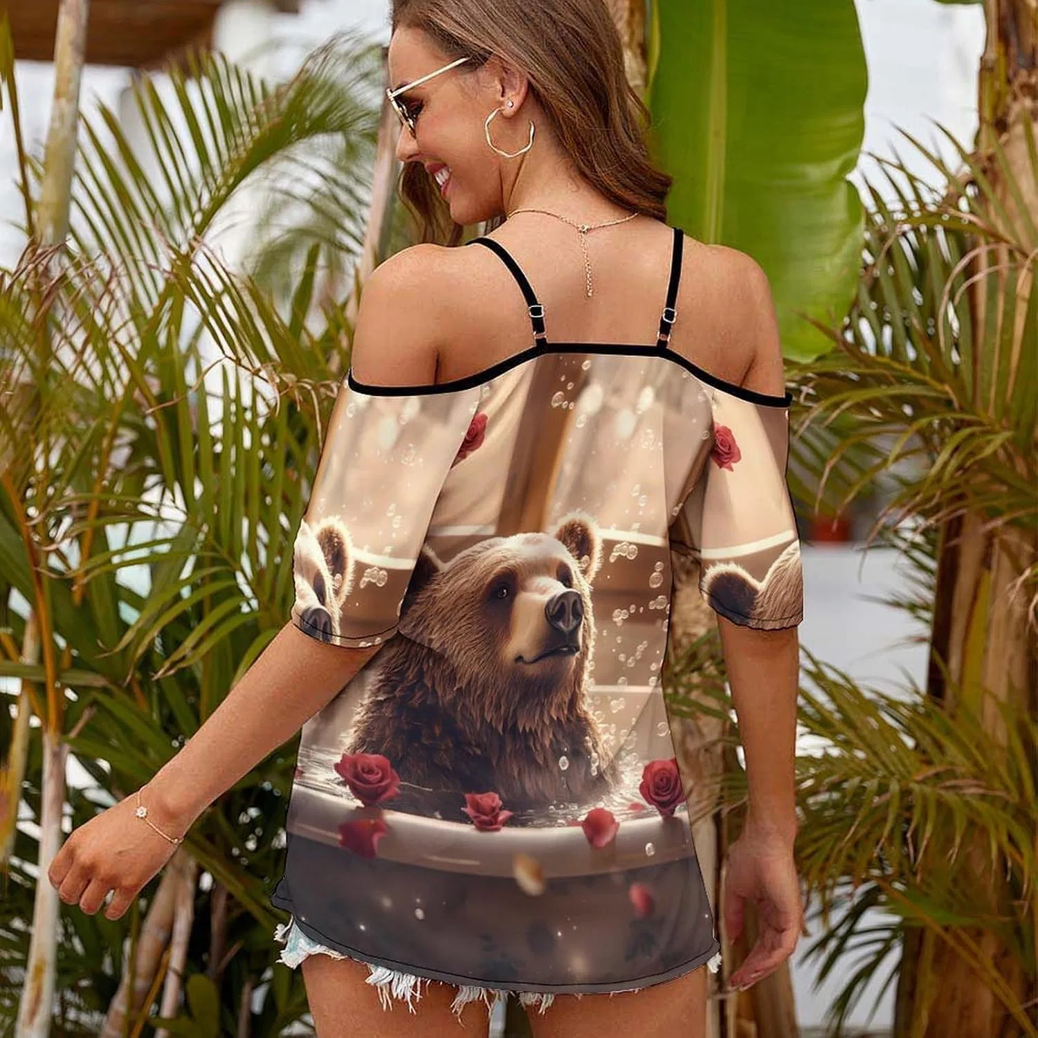 Женское платье-футболка с принтом Funny Bear Cold Shoulder Tops, Style — фото 2
