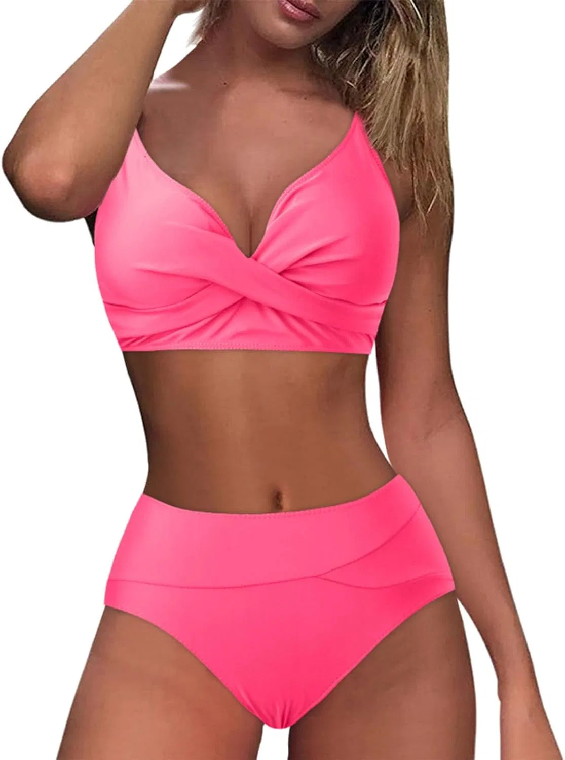 Женский бикини-комплект с V-образным вырезом и высокой талией, Hot Pink — фото 3