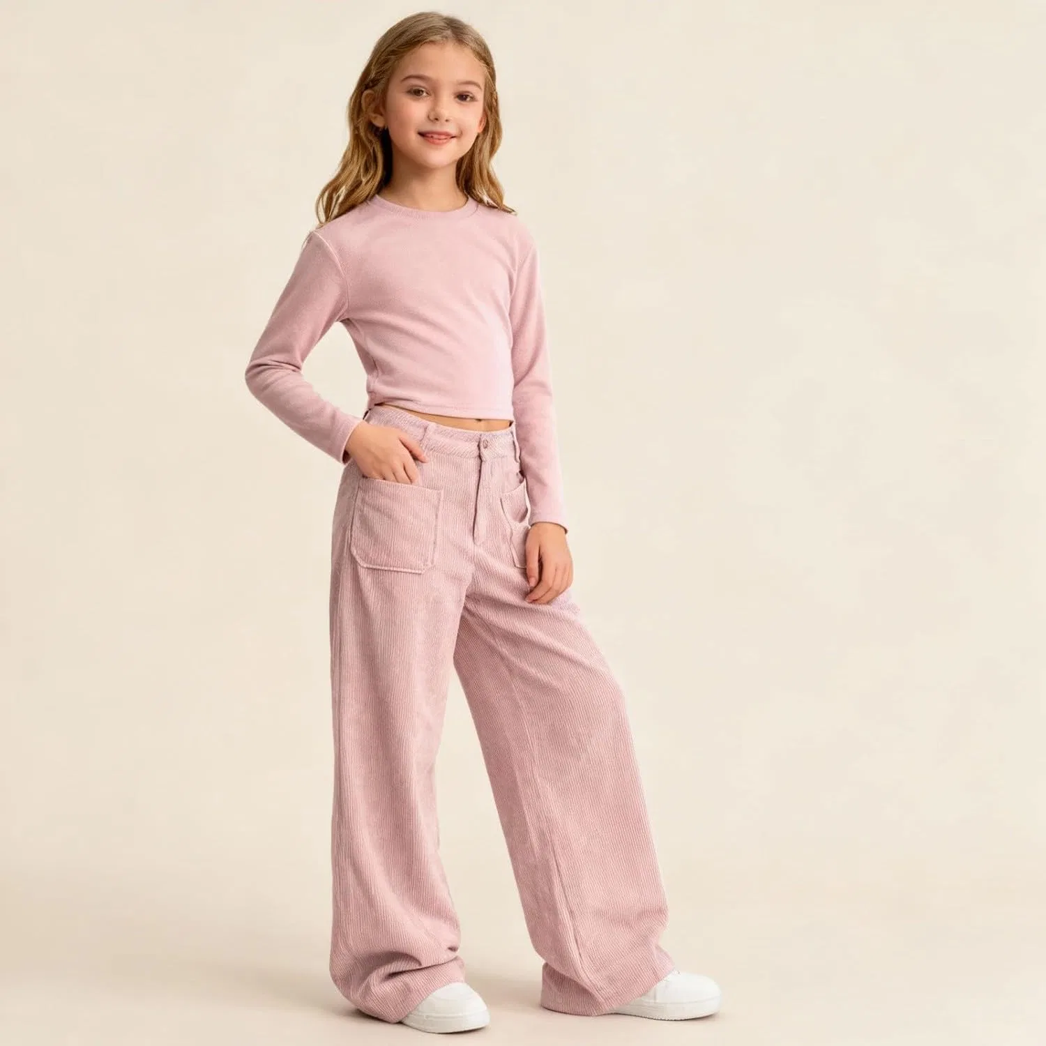 Брюки для девочек, широкие, с высокой талией, хлопковые, Light Pink — фото 4