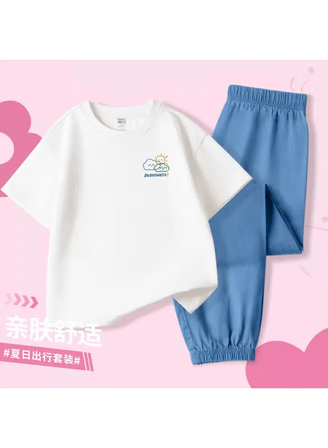 Комплект футболка с коротким рукавом и легкие брюки для девочек, модель Loose Short Sleeve T-shirt & Lightweight Mosquito-Repellent Pants, Jeanswest, белый — фото 2