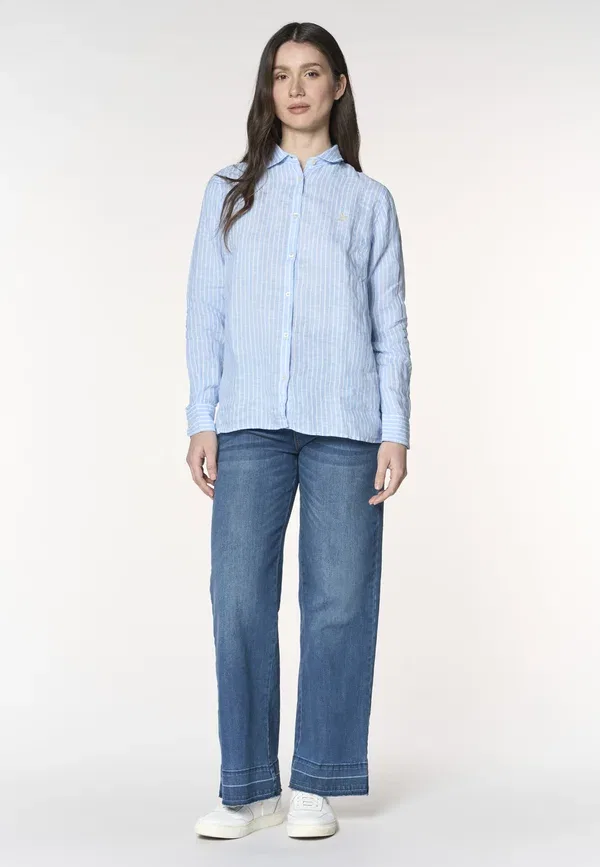 Рубашка из льна с полосками button-down blouse U.S. Polo Assn., синий — фото 2