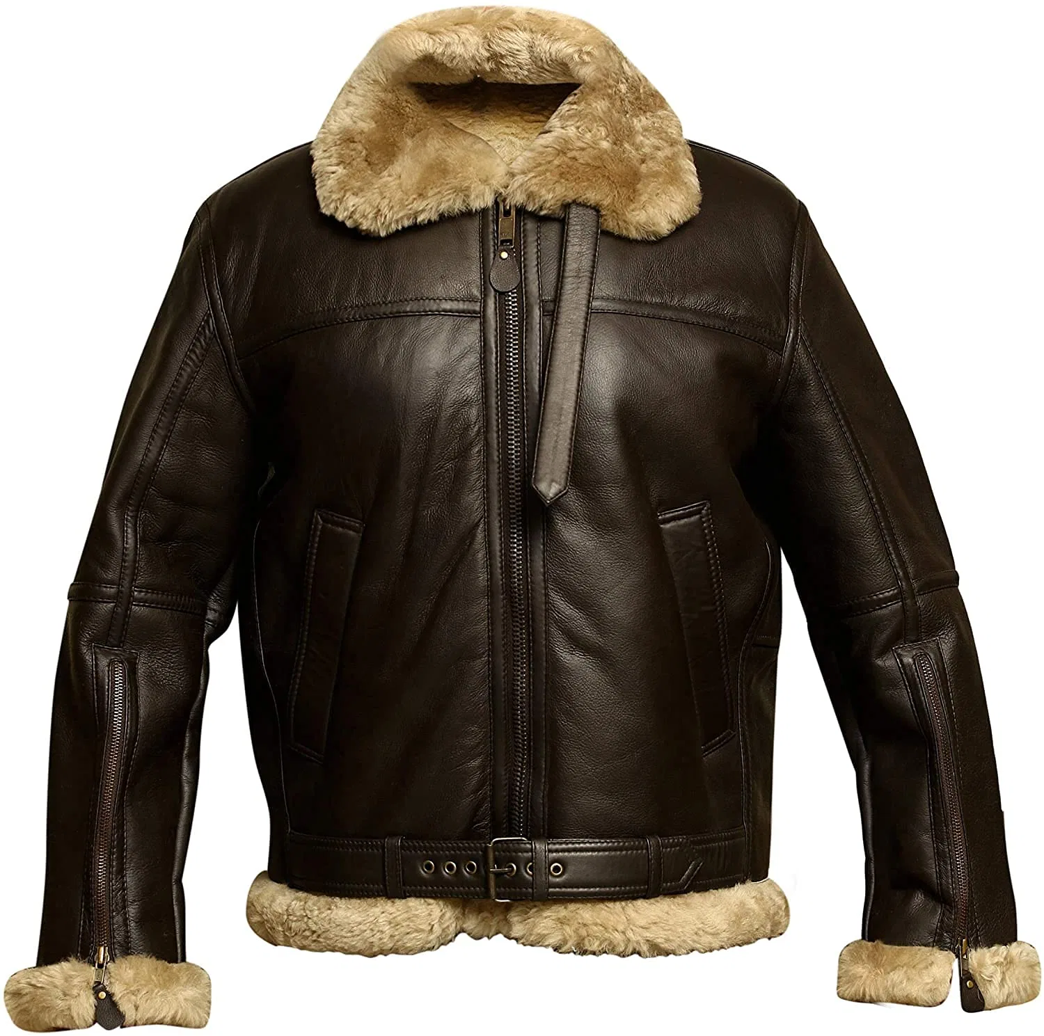 Мужская кожаная куртка-авиатор с мехом, модель Raf Aviator B3 Bomber, 2-brown — фото 3