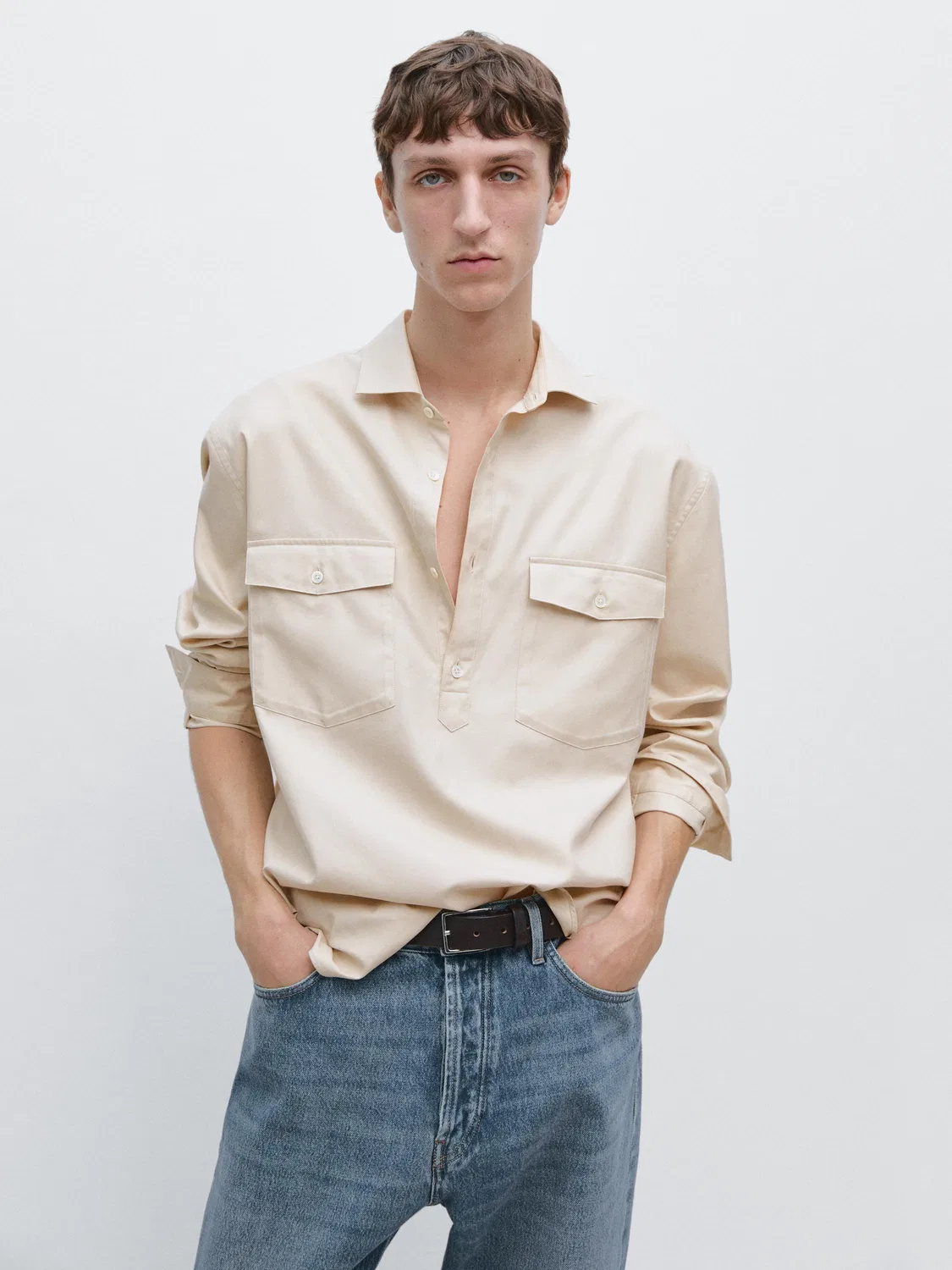 Хлопковая рубашка с карманами Massimo Dutti, бежевый — фото 2