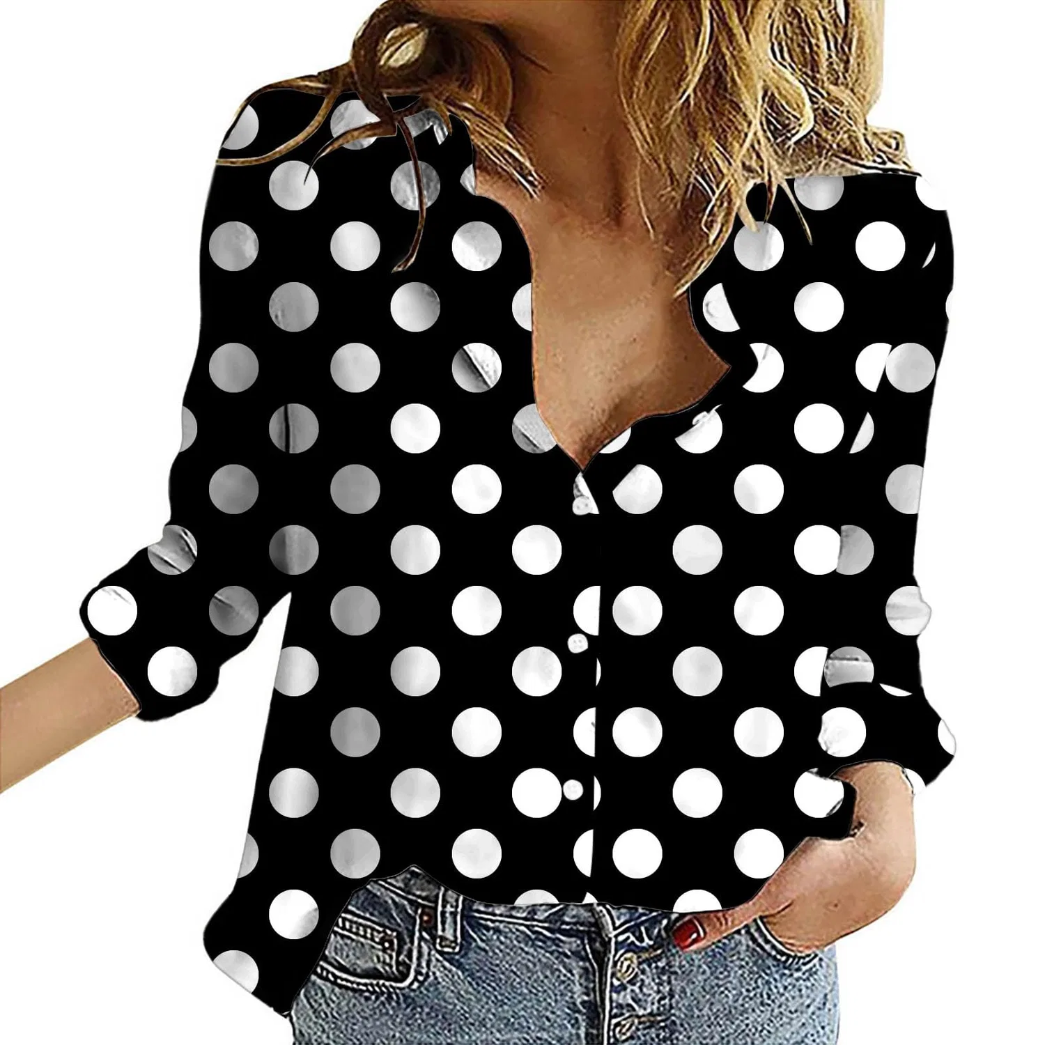 Женская блуза с V-образным вырезом, с принтом в горошек, Women Button Blouses V Neck Classic Polka Dot Collar Casual Long Sleeve Tops, Black