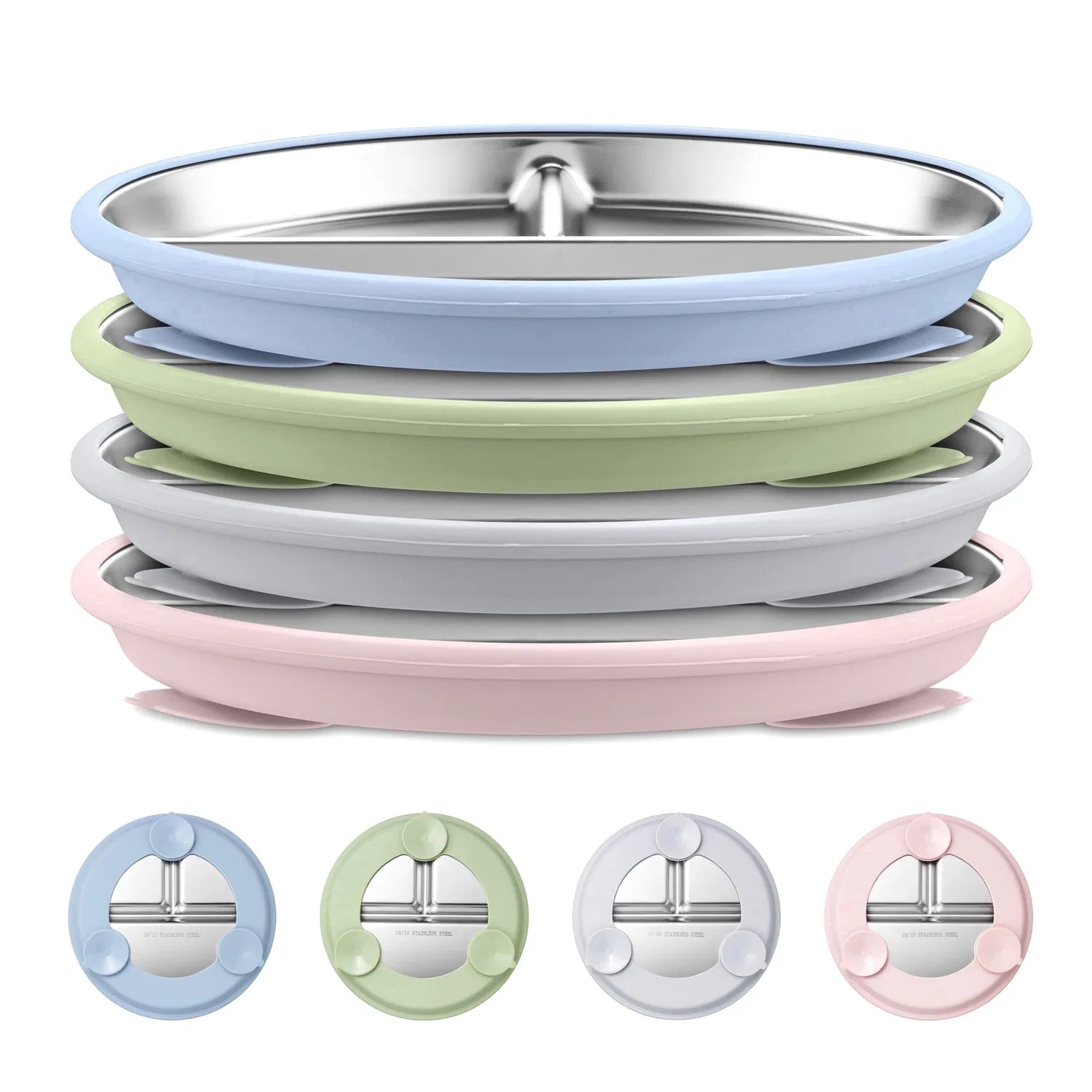 Детская тарелка с присоской 9 дюймов, 4 предмета, Vesteel, Blue/Pink/Green/Grey