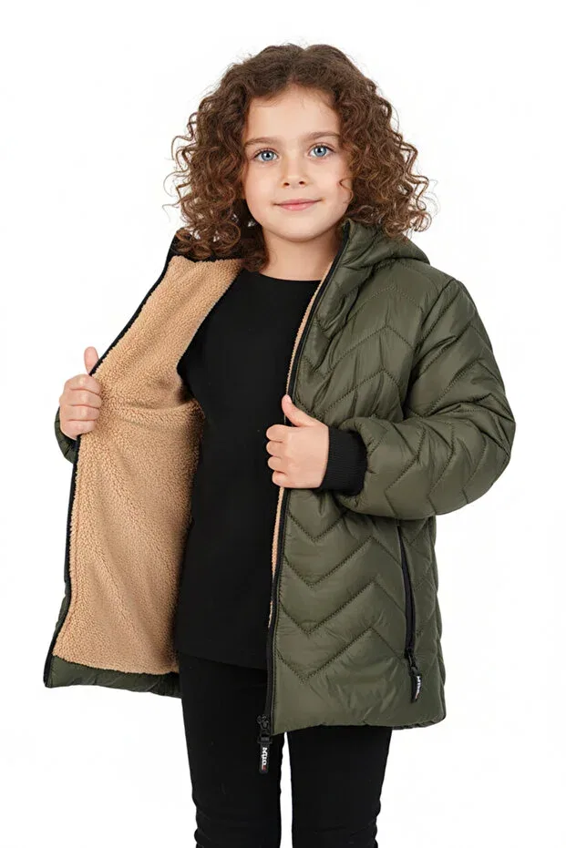 Детское пальто для девочек с капюшоном Zigzag Patterned Merdia, Khaki — фото 3