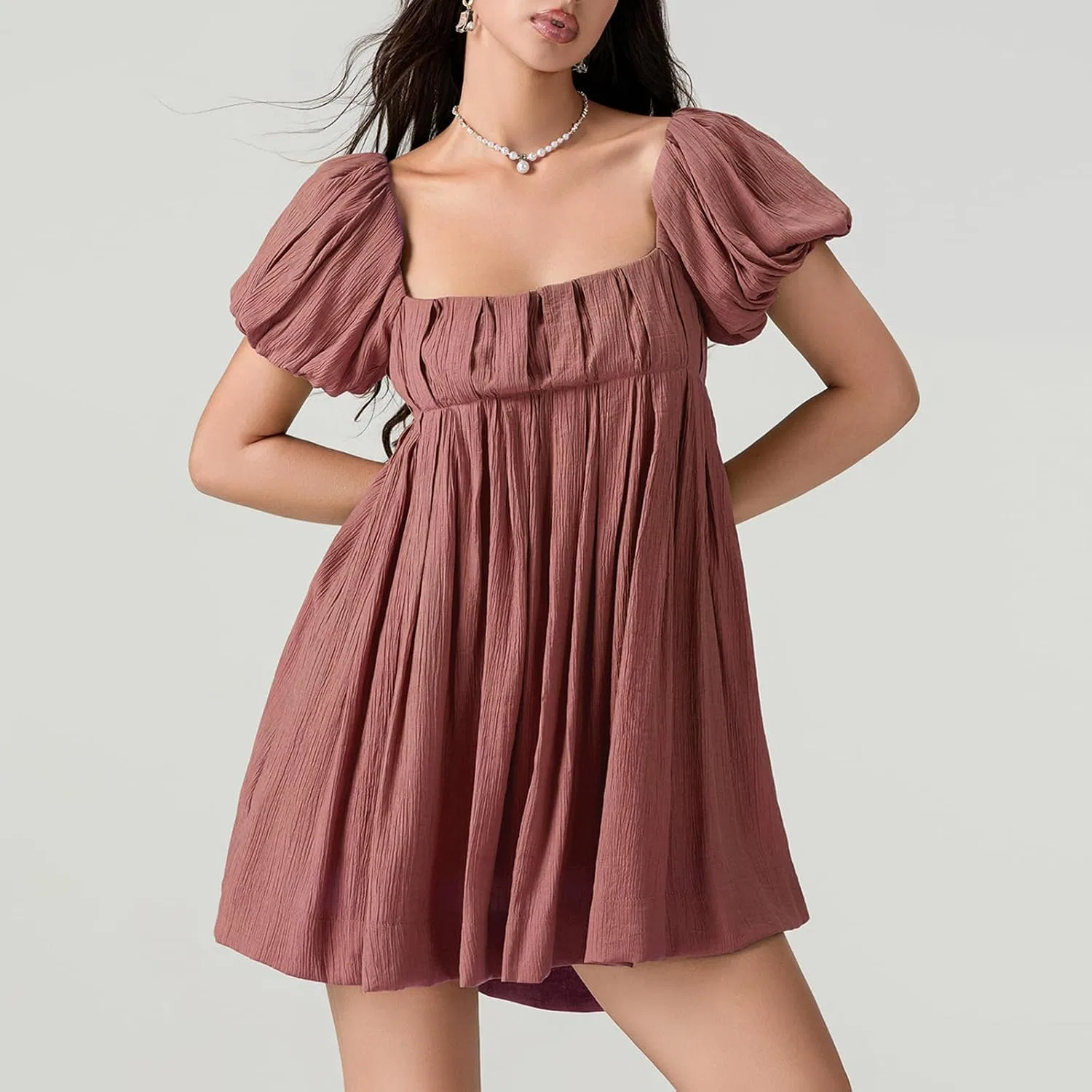 Женское летнее babydoll платье с короткими пышными рукавами, Brick Red — фото 4