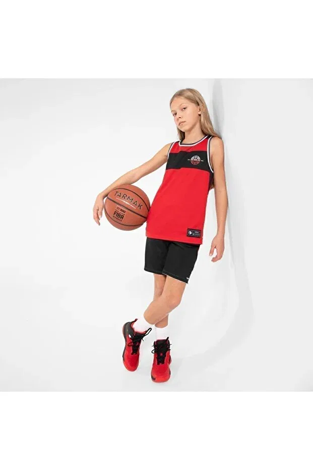 Детский баскетбольный топ для девочек без рукавов Tarmak Decathlon, Black/Red — фото 3