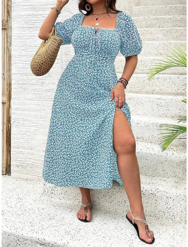 Женское платье с принтом дыши флорал, со шлицей на бедре, Square Neck Puff Sleeve, Blue — фото 2