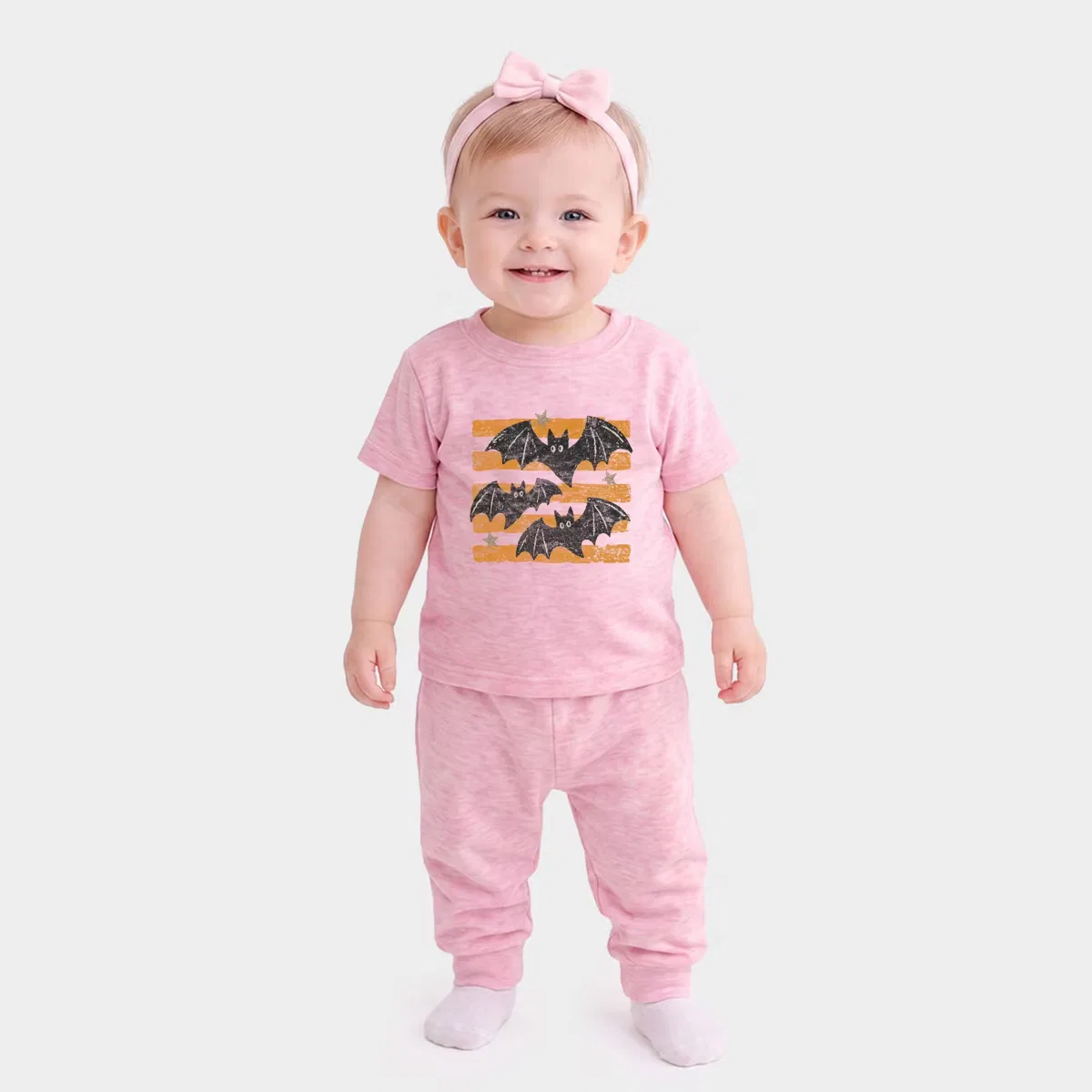 Комплект для младенцев с принтом летучих мышей и полосками Infant Jogger Pant Crew The Juniper Shop, cotton candy — фото 2