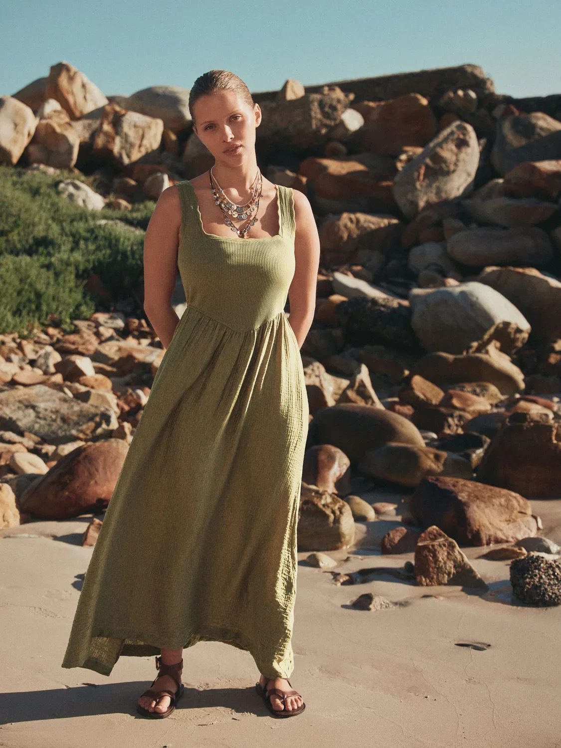 Платье миди с вставками из трикотажа, Khaki Green Next