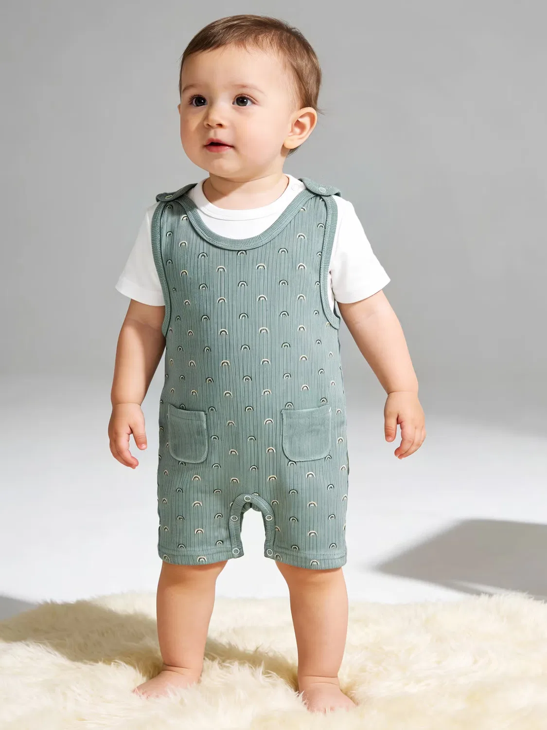 Комплект из хлопка с коротким рукавом и комбинезоном Babies Basic, зеленый — фото 2
