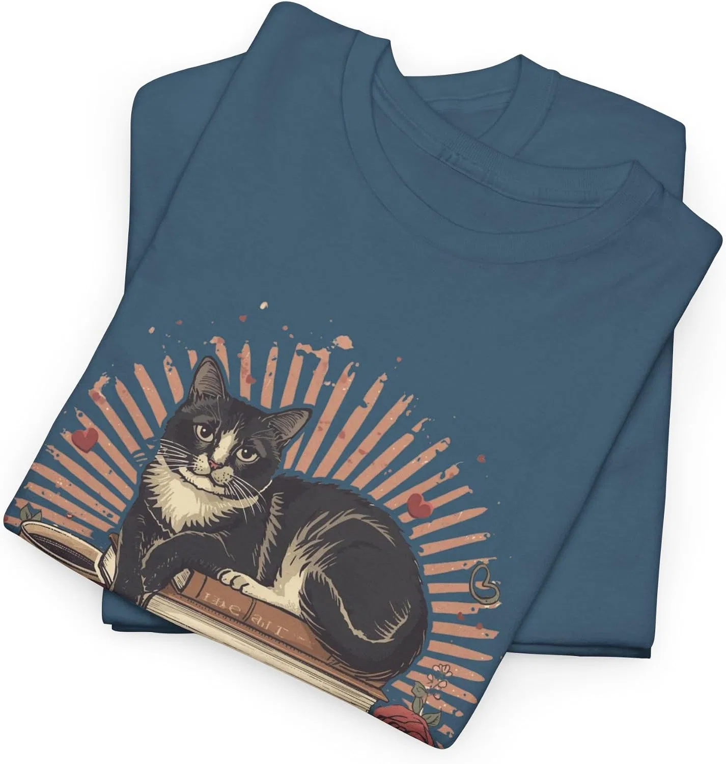 Женская футболка с принтом Purrfectly Booked Cat Stack of Books, индиго/синий — фото 3