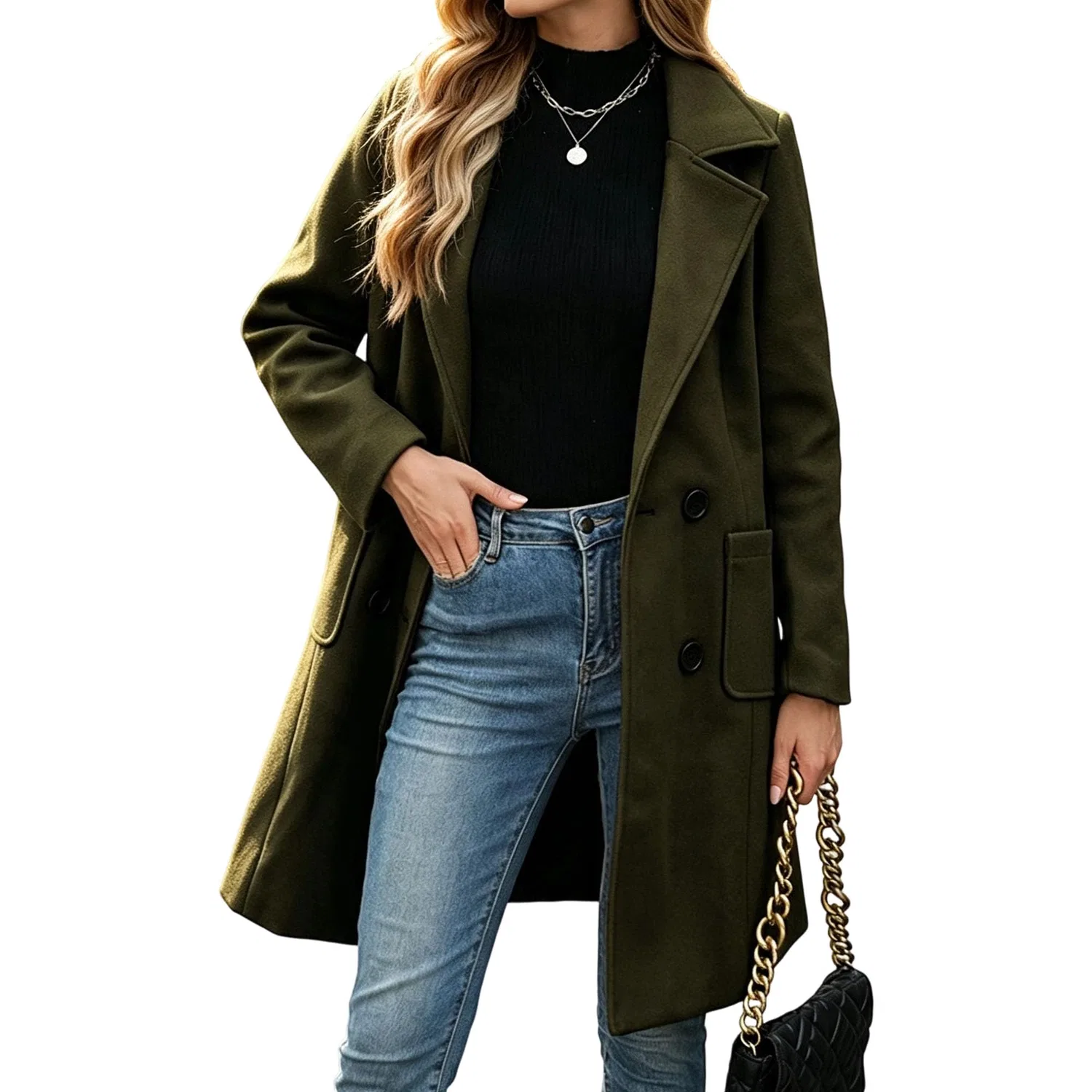 Женское двубортное пальто с лацканами Trench Peacoat Outwear, Verde militare