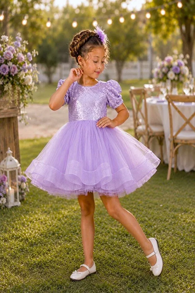 Детское платье для девочек с пайетками Ballerina model sequin embroidered fluffy tulle girls' evening dress-party-birthday-ball-gown-show dress Dekubaby, Lilac — фото 2