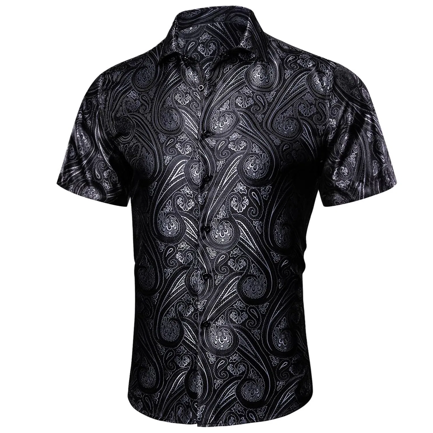 Мужская рубашка с коротким рукавом с принтом Paisley Shiny Satin Baroque Design, Black — фото 4